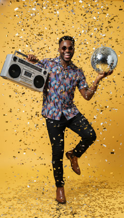 Happy young man holding a vintage boombox and shiny disco ball, enjoying himself while surrounded by falling confetti, celebrating new year on a yellow backgroundの素材