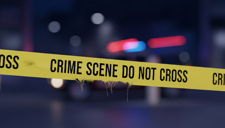 Yellow crime scene tape marking a restricted area, symbolizing law enforcement, investigation, and security, with blurred emergency vehicle lights in the backgroundの素材