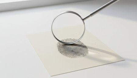 Magnifying glass focusing on a precise fingerprint, representing a forensic investigation, evidence analysis, and crime resolution for security and identificationの素材