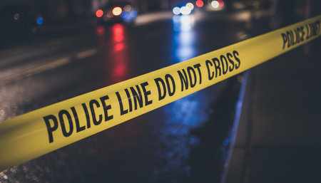 Yellow police line tape displaying do not cross marking off a crime scene area on a wet street at night, with blurred city lights and emergency vehicle reflections in the backgroundの素材