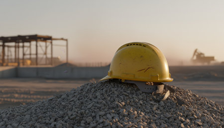Yellow hard hat resting on a pile of gravel at a dusty building construction site during sunset, symbolizing safety, hard work, and industry developmentの素材