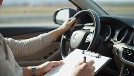 Driving instructor holding a clipboard and pen, writing notes while a student is learning to drive a car, focusing on safe vehicle operation and road rulesの素材