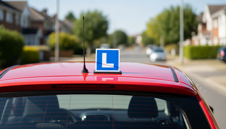 Red learner driver car with l plate on its roof, parked on a residential street, preparing for a driving lesson to teach a student how to drive a vehicleの素材