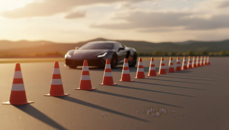 Sportscar navigating a slalom course marked by traffic cones on an asphalt road at sunset, representing a driving test, skill development, and learning to drive on a training groundの素材