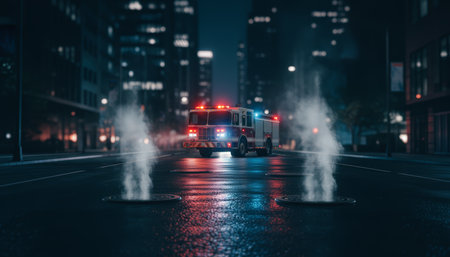 Fire truck races through a dark downtown street at night, sirens wailing and red blue lights flashing as steam rises from manholes, signaling an urgent urban emergencyの素材