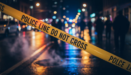 Yellow barrier tape with police line do not cross text securing an urban crime scene area at night, with blurred police lights and people in the backgroundの素材