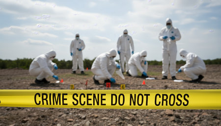 Forensic team in hazmat suits collecting and documenting evidence markers behind yellow crime scene tape, focused on meticulous data recording and safety protocols outdoorsの素材