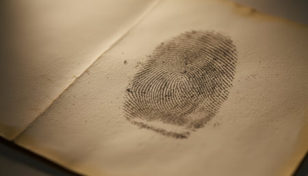 Distinct fingerprint imprinted on textured, aged paper provides crucial forensic evidence for a criminal investigation, highlighting identity and discoveryの素材