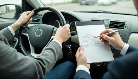 Driving instructor explaining parallel parking maneuver on a clipboard to a learner driver, focusing on education, training, and preparing for the driving test inside a carの素材