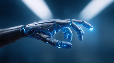 Metallic robotic hand extending, blue luminescent particles swirling, touching radiant light beam representing technological advancement in artificial intelligenceの素材