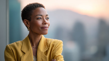 Businesswoman in a yellow jacket is smiling and looking out a window at sunset over a city skyline, contemplating the future of her companyの素材