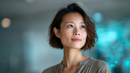 Professional asian businesswoman contemplating strategic planning, digital ai network graphic visualizing innovative corporate vision against modern workplace settingの素材