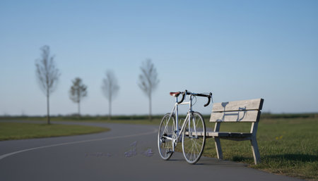 White racing bicycle parked beside an empty wooden bench on a winding asphalt path through green grass and bare trees under a clear blue sky, serene outdoor sceneの素材