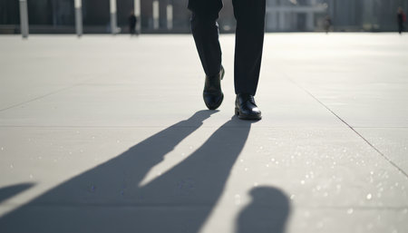 Man wearing business shoes and trousers takes steps on a bright urban street, his long shadow stretching out, creating an atmosphere of mystery, crime, or business intrigueの素材