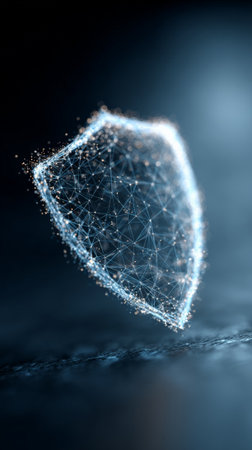 Digital shield icon forming a protective barrier with connecting lines and glowing particles. Representing data security. Network protection. And an abstract cybersecurity concept on a dark backgroundの素材