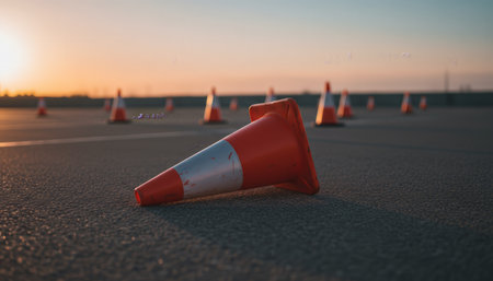 Traffic cone lying on the asphalt pavement with other cones in the background, signaling an obstacle or a mistake during a practice driving lesson at sunsetの素材