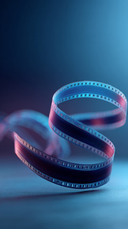 Film strip unfurling, creating a dynamic visual against a blue background, reflecting the essence of classic cinema, entertainment, and visual storytellingの素材