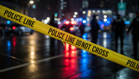 Police line tape across a wet city street at night marks a crime scene, with blurred law enforcement and redblue emergency lights reflected on rain slick pavement during investigationの素材