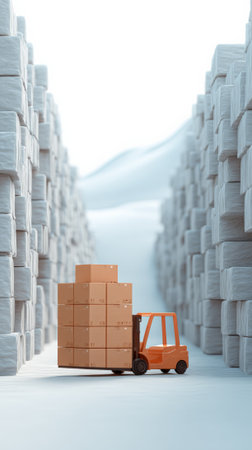 Orange forklift transporting a stack of brown cardboard boxes down a bright, snow covered aisle between towering racks of white goods, symbolizing efficient winter logistics and deliveryの素材