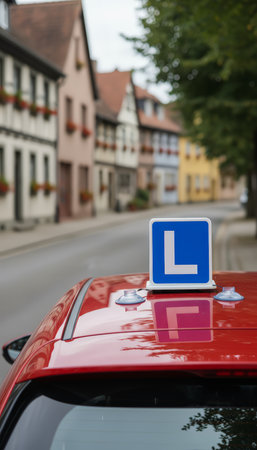 Red vehicle with an l plate on its roof, indicating a student driver is on the road, learning how to drive in a town setting with buildings in the backgroundの素材