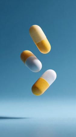 Yellow and white medicine capsules are falling and levitating against a clean blue background, illustrating concepts of healthcare, pharmaceutical innovation, and drug deliveryの素材