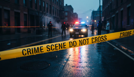 Yellow caution tape with crime scene do not cross text blocking a wet city street at night, with a police car and officers visible in the background investigatingの素材