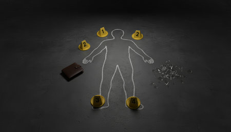 Chalk outline of a body on a dark surface indicating a crime scene with evidence markers, a wallet, and broken glass, representing a criminal investigation or unsolved mysteryの素材