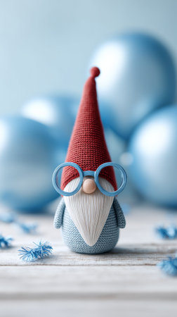 Knitted gnome doll wearing a red hat and blue glasses standing on a white wooden surface, with blurred blue decorations creating a festive, whimsical backgroundの素材