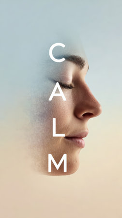 Womans face in serene profile view, eyes gently closed, creating a sense of peace and mindfulness, with the word calm integrated vertically over her faceの素材