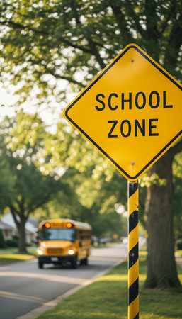 Yellow school zone warning sign standing prominently by the road with a classic american school bus approaching in the blurred background, highlighting educational safety and student transportationの素材