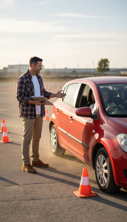 Driving instructor standing outside a red car, explaining parking maneuvers to a female student driver practicing between orange traffic cones in an outdoor car parkの素材