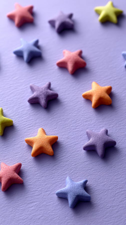 Colorful star shaped candy sprinkles spreading randomly on a textured lavender background, creating a playful and sweet pattern suitable for celebrations and treats themesの素材