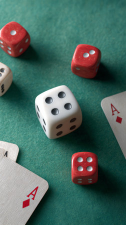 Dice and playing cards scattered on green felt, close up high angle view evoking casino games, luck, chance, risk and lively game night entertainmentの素材