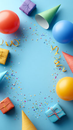 Party elements like colorful balloons, wrapped gift boxes, festive party hats, and scattered confetti creating a vibrant frame on a light blue background, offering copy spaceの素材