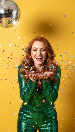 Cheerful woman wearing a vibrant green sequin jumpsuit celebrating by blowing colorful confetti under a shining disco ball, embodying a festive retro disco moodの素材