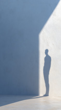 Mans elongated shadow projecting on a bright textured wall, with a sharp diagonal line of sunlight creating a striking contrast and symbolizing solitude and reflectionの素材