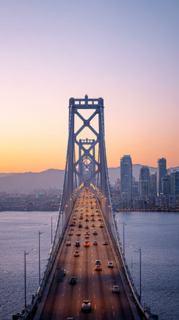 Traffic moving on the san francisco bay bridge at sunset, with city skyline buildings visible in the distance across the bay, highlighting urban life and transportationの素材