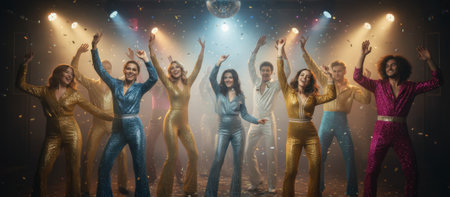 Diverse group of friends celebrating an exciting disco party, dancing together under shimmering lights and falling confetti, embracing the vibrant 70s themeの素材