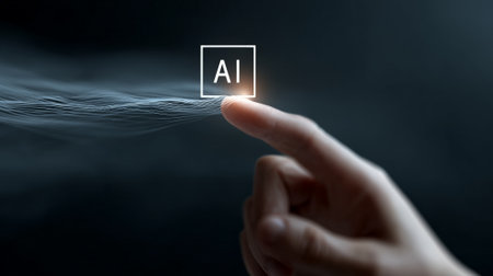 Hand reaching out to a futuristic artificial intelligence icon, with streams of code emanating, illustrating the intricate power and complexity of advanced ai technologyの素材