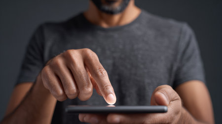 Close up of a mans hand using a smartphone, showcasing the integration of artificial intelligence in mobile technology against a dark backgroundの素材