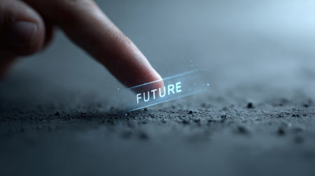 Futuristic holographic interface showing future word, fingertip interacting with glowing digital projection representing technological innovation and forward thinking conceptの素材
