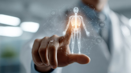 Doctor interacting with a 3d human body interface, exploring medical data and utilizing ai for advanced diagnostics and personalized treatment plans in a futuristic healthcare settingの素材