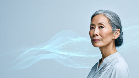 Businesswoman with grey hair is posing in a studio with blue digital waves representing artificial intelligence data analysis and processingの素材