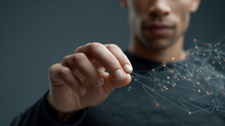 Businessman interacting with a complex network visualization, symbolizing artificial intelligence and its intricate connections, against a dark backgroundの素材