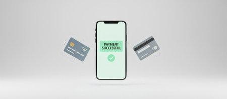 Mobile phone displaying a payment successful message with a checkmark, surrounded by floating credit cards, representing secure and convenient online shopping and digital financial transactionsの素材