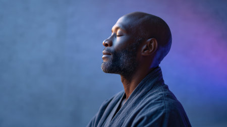 Serene man with closed eyes and a peaceful expression meditates, conveying tranquility, mindfulness, and inner peace against a softly lit blue and purple backdropの素材