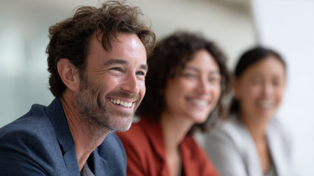 Business colleagues attending a conference meeting, smiling and engaging while listening to an insightful presentation on artificial intelligence and its impact on the corporate worldの素材