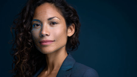 Facial recognition scanning businesswomans face, advanced ai technology generating secure, futuristic digital identity verification against deep blue technological backdropの素材