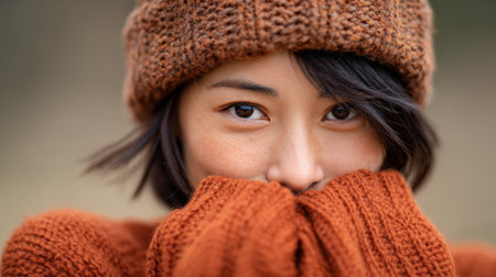 Close up portrait of a young woman with dark hair and brown eyes, wearing a cozy orange knitted hat and sweater, shyly covering her face with the collar on a cool autumn dayの素材