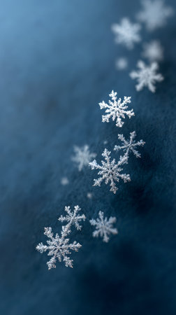 Intricate snowflakes falling softly against a deep blue background, crafting a magical winter scene filled with wonder. Delicate patterns provide ample copy space for creative useの素材